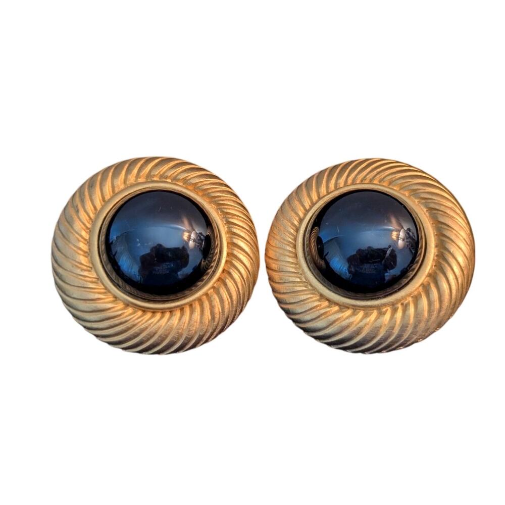 Vintage Large Gold Tone Swirl Black Cabochon Button Clip On Earrings